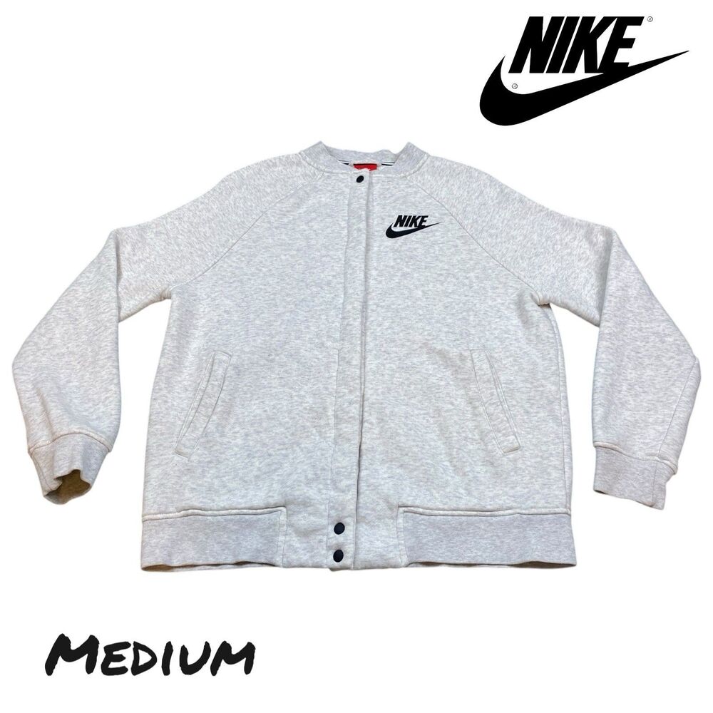 Nike Varsity Cardigan Sweatshirt Mens MED Gray Snaps Fleece Lined Pockets Preppy